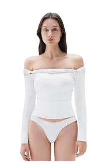 SUUKSESS Women Padded Off The Shoulder Tops Double Lined Going Out Fitted Basic Fall Shirts (X-Small, 01 White)