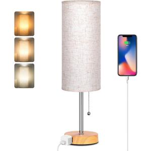 Dott Arts 18" Table Lamp for Bedroom, 3-Color Bedside Lamps with Pull Chain, Bedroom Table Lamps for Nightstand,AC Outlet Small Lamp for Living Room, Bulb Included Wood