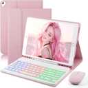 Keyboard Case for iPad 9.7 inch, iPad 6th (2018)/iPad 5th Gen(2017), iPad Pro 9.7(2016), iPad Air 2 (2014) - 7 Color Rainbow Change Backlit Magnetic Keyboard Built in Pencil Holder with Mouse - Pink