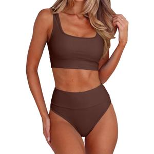 ANRABESS Women's High Waisted Bikini Sets Two Piece Tummy Control Swimsuits High Cut Summer Beach Vacation Bathing Suits (Brown, S)