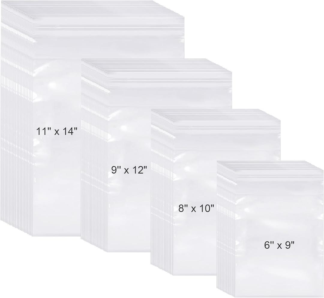 Kosiz 600 Pcs Clear Cellophane Bag Plastic Poly Shirt Bag Bulk Resealable Clothes Packing Self Adhesive Packages for Business Shipping(6'' X 9", 8'' X 10", 9'' X 12", 11'' X 14")