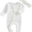 Newborn Baby Romper Infant Girl One-piece Outfit Waffle Ruffle Zip Footie Spring Summer Clothes With Bow Headband (3-6 Months, White)