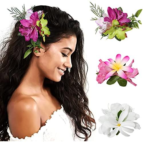 HAIMEIKANG Hawaiian Hair Clip, 3 Pieces Tropical Flower Hair Pins - Artificial Hawaiian Flower Hair Accessories in White, Rose Red, and Purple for Women, Wedding Hair Piece