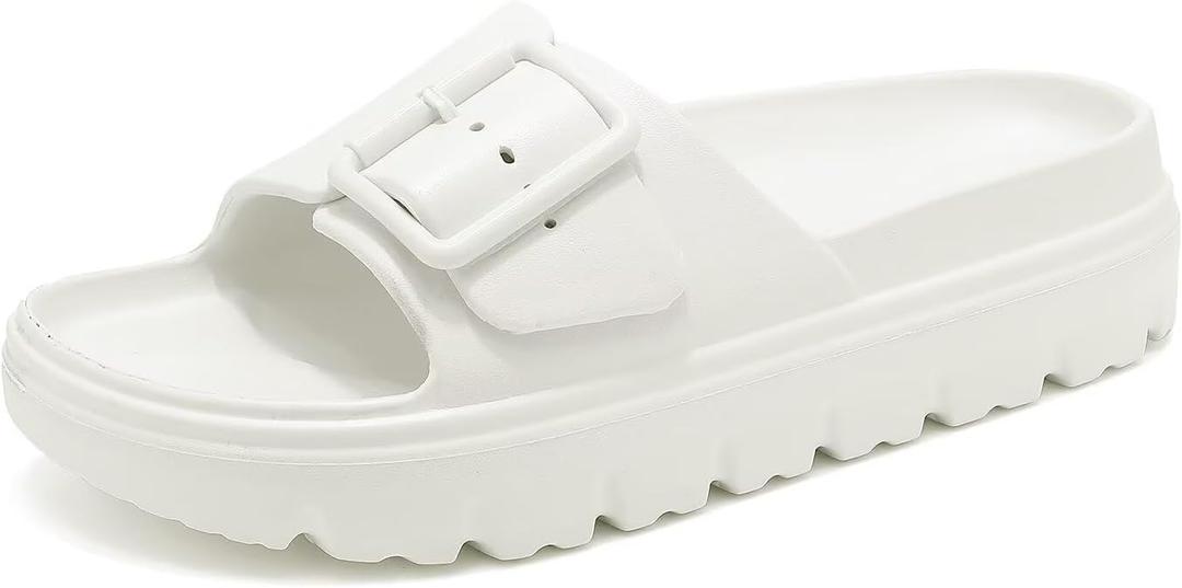 Womens Platform Sandals with Arch Support, Summer Beach Slides with Adjustable Buckle, Comfort Lightweight Chunky Cushion Slip on Sandal (9.5, Big Buckle- White)