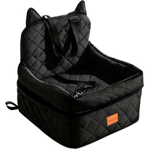 Dog Car Seat for Small/Medium Dogs Up to 35lbs,Elevated Cushion Fits in Front/Back Seat,Travel Safety Per Car Bed with Washable Removable Cover, Storage 2 Pockets Black