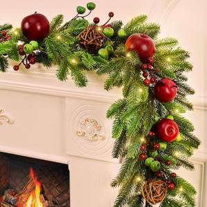 2 Pcs Christmas Decorations, 11.8 FT Norfolk Pine Garland with Faux Fruits Berries, Cedar Pine Garland for Mantle Indoor Outdoor Table Door Decor