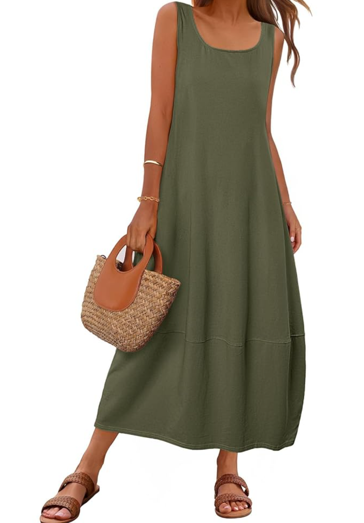 MEROKEETY Women's Casual Maxi Sundress 2025 Summer Beach Dress Scoop Neck Sleeveless Loose Tank Dress, L