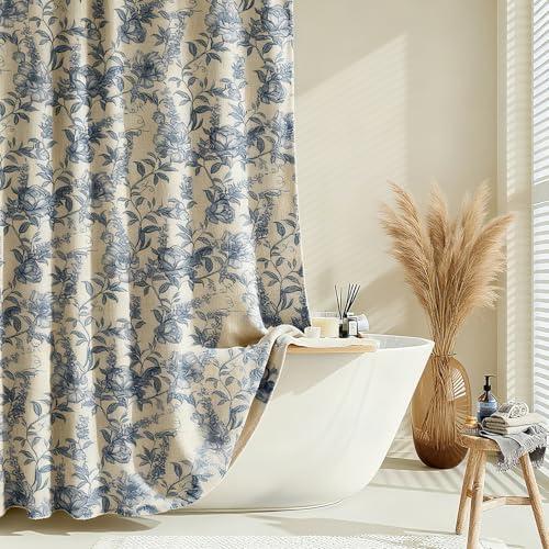 Blgiont Farmhouse Blue Floral Shower Curtain with 12 Clear Rings, Fabric Faux Linen Shower Curtain Set, Vintage Cottagecore Shower Curtain for Bathroom 72" W x 84" L