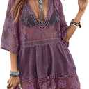 Eomenie Women's Contrast Lace Bathing Suit Cover Up V-Neck Swimsuit Coverups Loose Swimwear Beach Dress Beachwear Purple