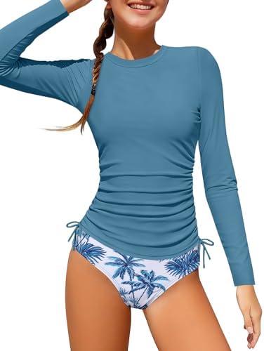 Perdeca Girls Bathing Suit Two Piece Ruched Long Sleeve Rash Guard Print Design Swimsuit Size 13-14Y