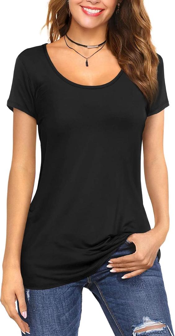 Amoretu Women's Scoop Neck Short/Long Sleeve Tees Cotton T Shirts Blouses Tops (Black, S)