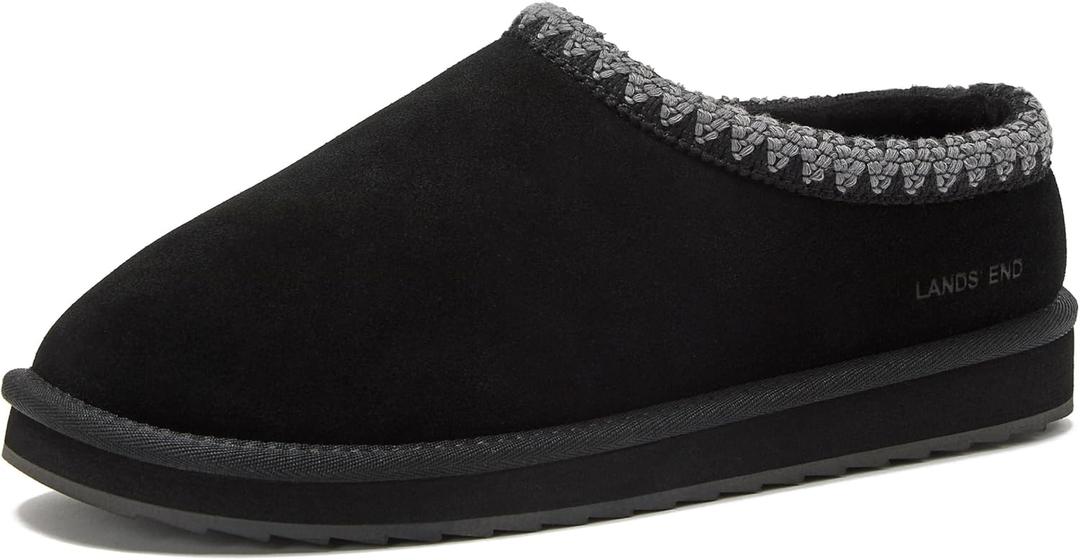 Lands' End Hearth Warm Fuzzy Mens Slippers, Indoor Outdoor Fur Lined Suede House Slippers for Men, Black or Brown House Shoes (Size 10)