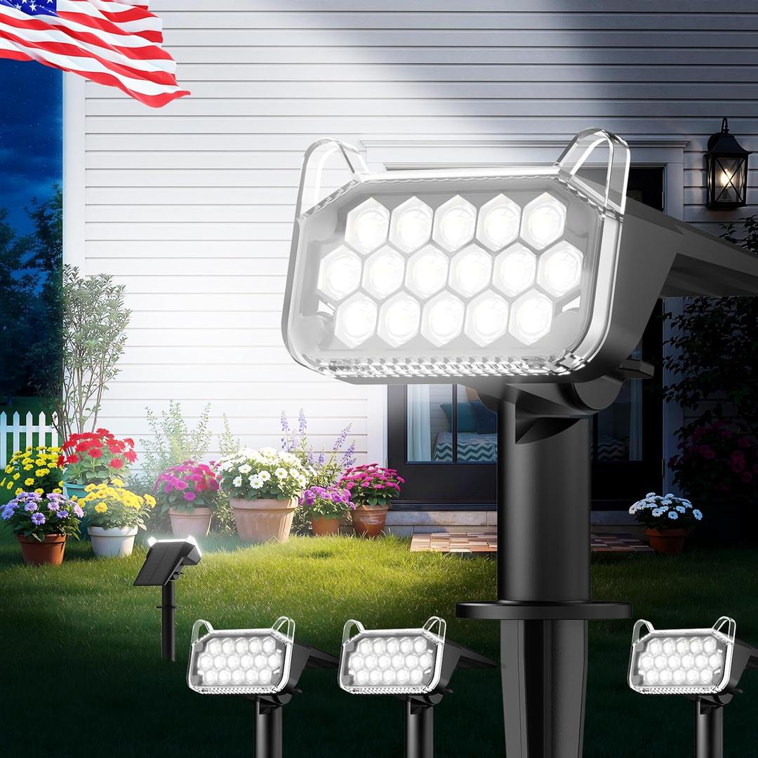 WdtPro Solar Spot Lights Outdoor Waterproof, Bright Solar Lights Outdoor with 16 Extra-Large LEDs, 3 Modes Landscape Spotlights, 2-in-1 Solar Powered Light for Yard Flag Garden, 4 Pack, Cool White