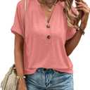 Dimur Womens Tops Trendy V Neck Button Down Short Sleeve Tshirts Business Casual Basic Tee Loose Fit (Small, Coralpink)