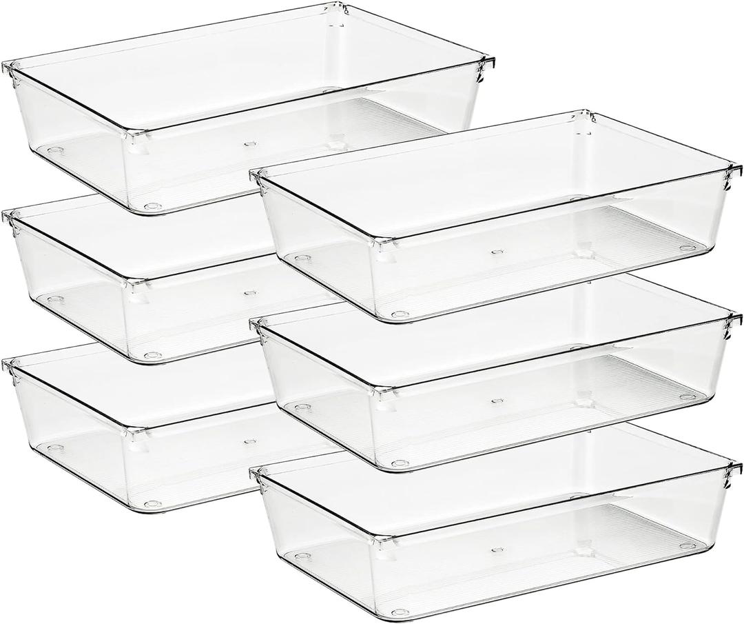 Ravinte 6 Pack Drawer Organizer - 6" X 9" Plastic Storage Bins, Acrylic Organizers with Non-Slip Pads Clear Desk Storage Tray for Makeup, Jewelries, Kitchen Utensils, Bathroom and Office