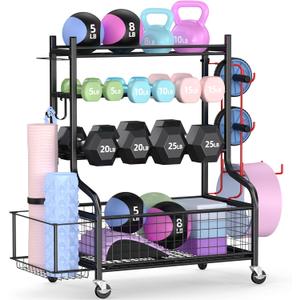 PLKOW Dumbbell Rack, Weight Rack for Dumbbells, Home Gym Storage for Dumbbells Kettlebells Yoga Mat and Balls, All in One Workout Storage with Wheels and Hooks, Powder Coated Finish Steel