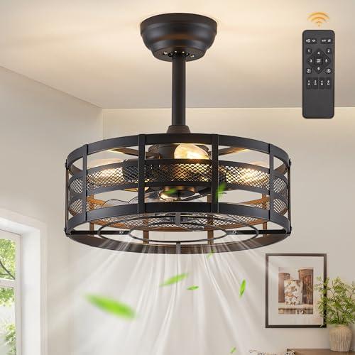 Fanbulous 16in Caged Ceiling Fans with Lights and Remote, Black Fandelier Ceiling Fan with 6 Speeds and Timing, Farmhouse Samll Fan Lights Ceiling Fixtures For Kitchen, Bedroom, Outdoor-Black