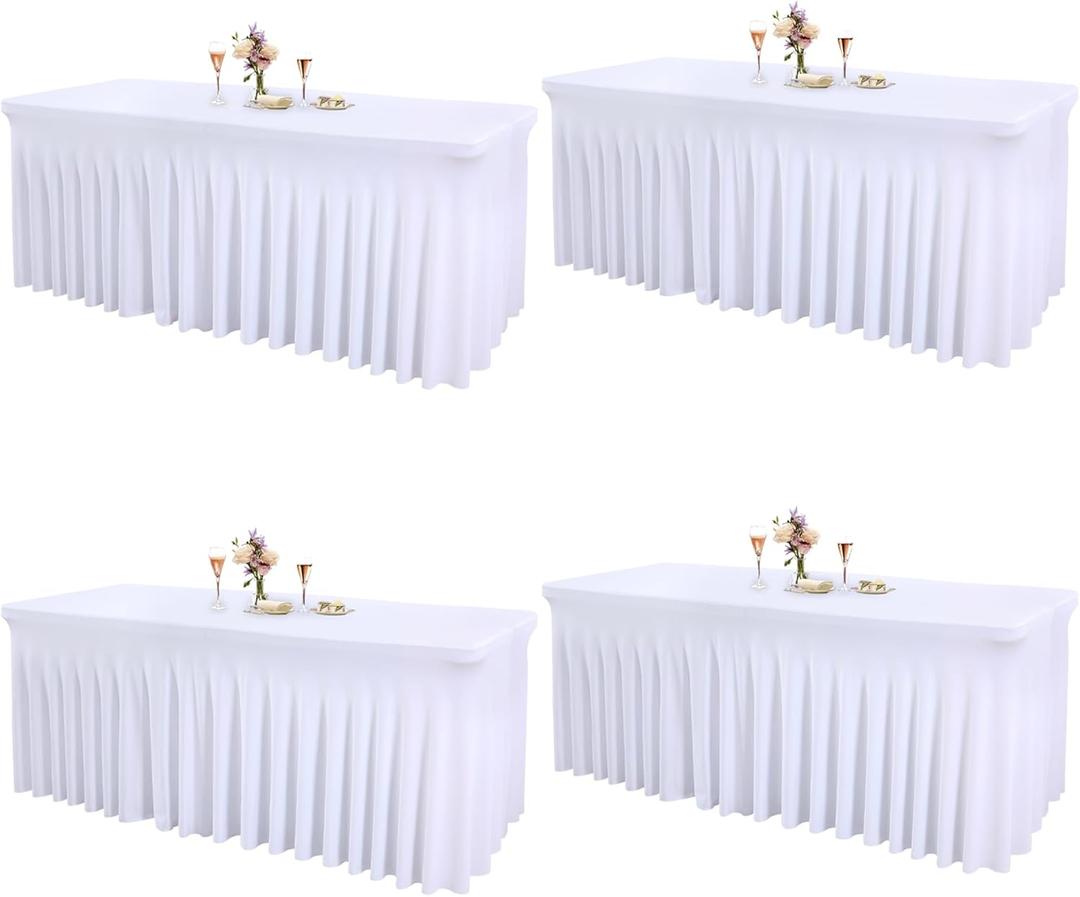 4 Packs White Tableclothes for 6 Foot Rectangle Tables, Wrinkle Resistant Fitted Table Cloth Stretch Spandex Table Covers with Skirt for Event Banquet Wedding Birthday Party