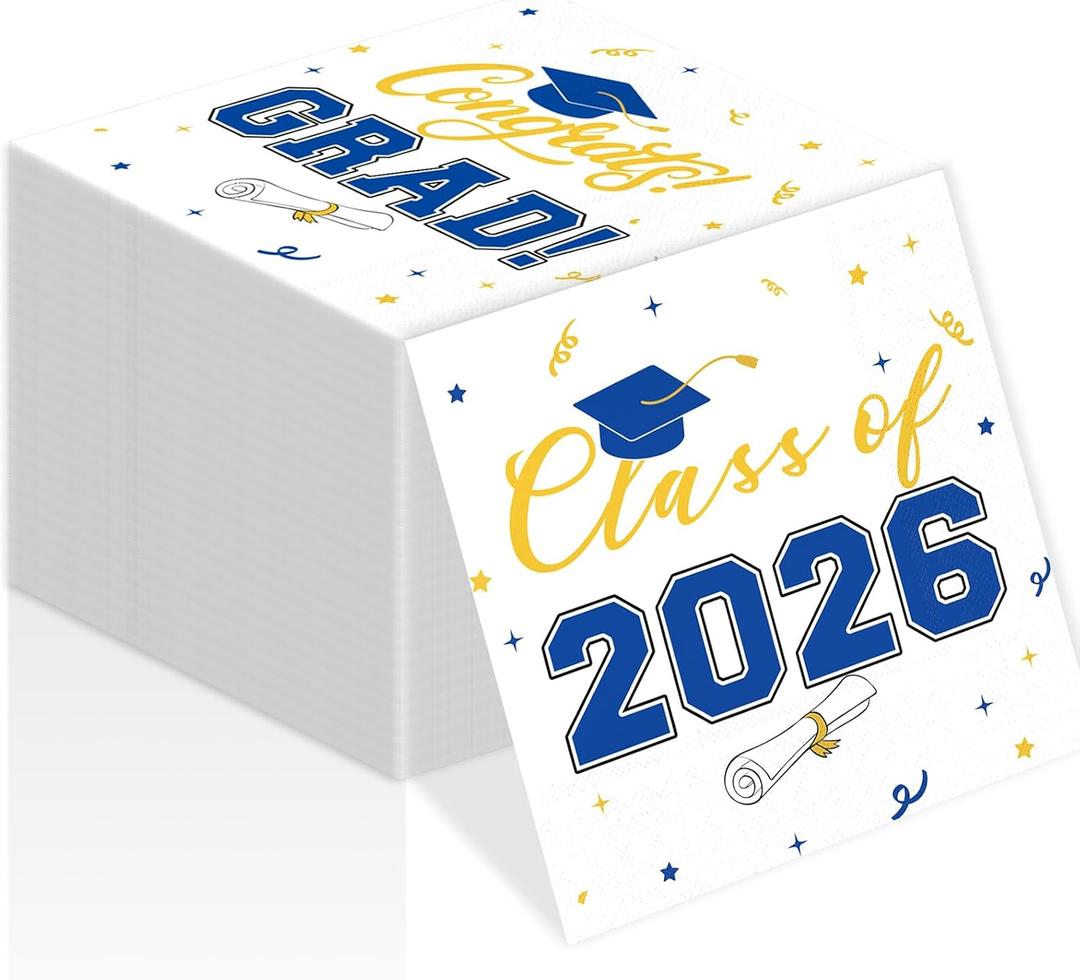 Class of 2026 Graduation Napkins, 3-Ply Disposable Congrats Grad Paper Napkins for Dinner and Cocktail Party Decorations, School and College, 6.5-Inch Square (100, Blue)