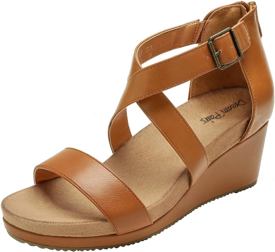 DREAM PAIRS Women's Open Toe Buckle Ankle Strap Summer Platform Wedge Sandals (6.5, Camel/Pu)