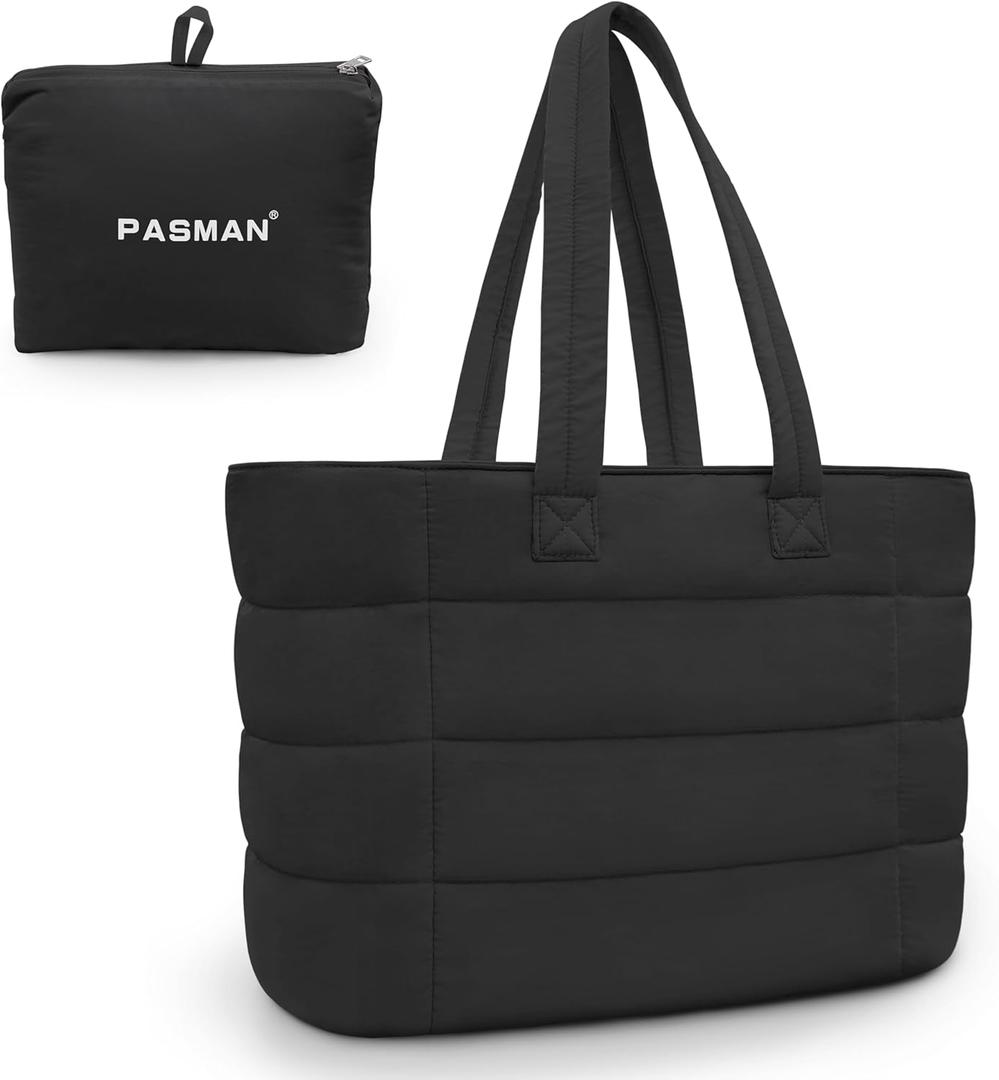Tote Bag for Women, Lightweight Puffy Foldable Tote Bag With Zipper,Quilted Shoulder Bag for Travel,College,Work (15.6 Inch, Black)