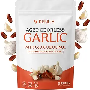 Resilia Garlic Extract 600mg Softgels (60ct) – Odorless Aged Garlic with CoQ10 Ubiquinol & Vitamin K2 as MK-7 – 20-Month Matured, Standardized for S-Allyl Cysteine - Heart & Immune Support,5/15/2028