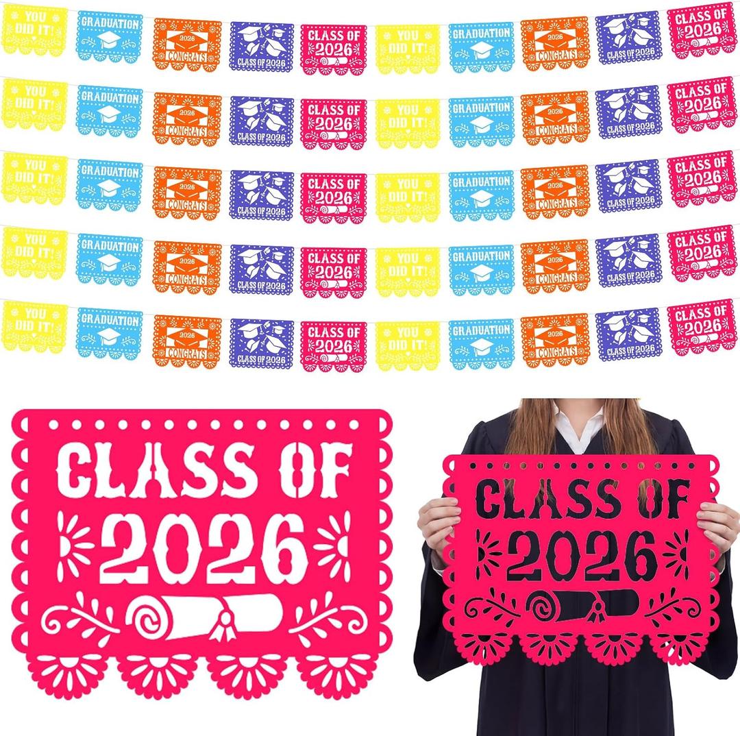 50 Pcs/32 ft Large Mexican Graduation Party Decorations 16x12" Papel Picado Banner Class of 2026 Big Graduation Cleito Lindo Decorations Mexico Fiesta Banners Colorful Congrats Grads Garlands