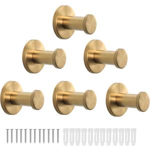 Bath Towel Hooks, 6 Pack Round Coat Hooks, Sturdy Wall Mounted Robe Hook, SUS 304 Stainless Steel Heavy Duty Clothes Hanger, Wall Towel Hooks for Bathroom Bedroom Kitchen (2 in, Gold)