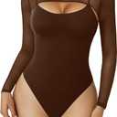 Avidlove Womens Long Sleeve Bodysuits Mock Turtle Neck Shapewear Bodysuit Sexy Mesh Bodysuit Two Piece Outfit Cami Tops (Large, Brown)