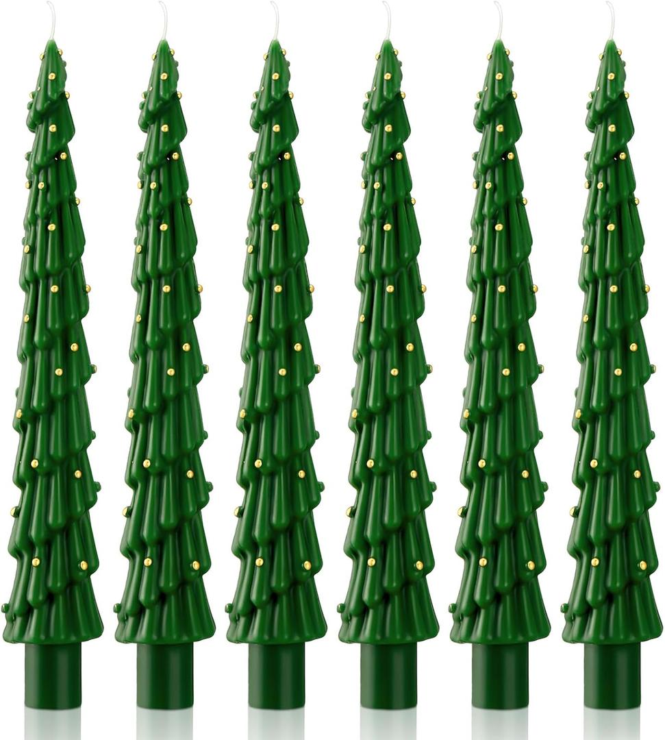 MTLEE Christmas Tree Shaped Taper Candles 10 Inch Unscented Christmas Tree Candles Decorative Aesthetic Xmas Relaxation Gifts for Centerpiece Decorations (Stylish,Green,6 Pcs)