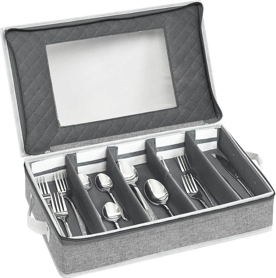 Flatware Storage Box, Silverware Utensil Storage Case Organizer, Tableware Cutlery Storage Container with Cover/ Lid and Adjustable Compartments for Tableware Organization (Grey) Flatware Storage Box, Silverware Utensil Storage Case Organizer, Tableware Cutlery Storage Container with Cover/ Lid and Adjustable Compartments for Tableware Organization (Grey)