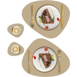 Faux Leather Placemats and Coasters Set of 2, Round Leather for Dinner Table Mats Heat Resistant Non-Slip Washable Insulation Coffee Mats Kitchen Place Mats Nordic Style,Apricot