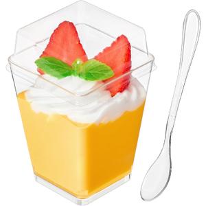 5 oz Plastic Dessert Cups with High Flat Lids and Spoons, 50 Pack Mini Clear Parfait Cups Square Party Serving Cup for Pudding, Appetizer, Fruit and Jello