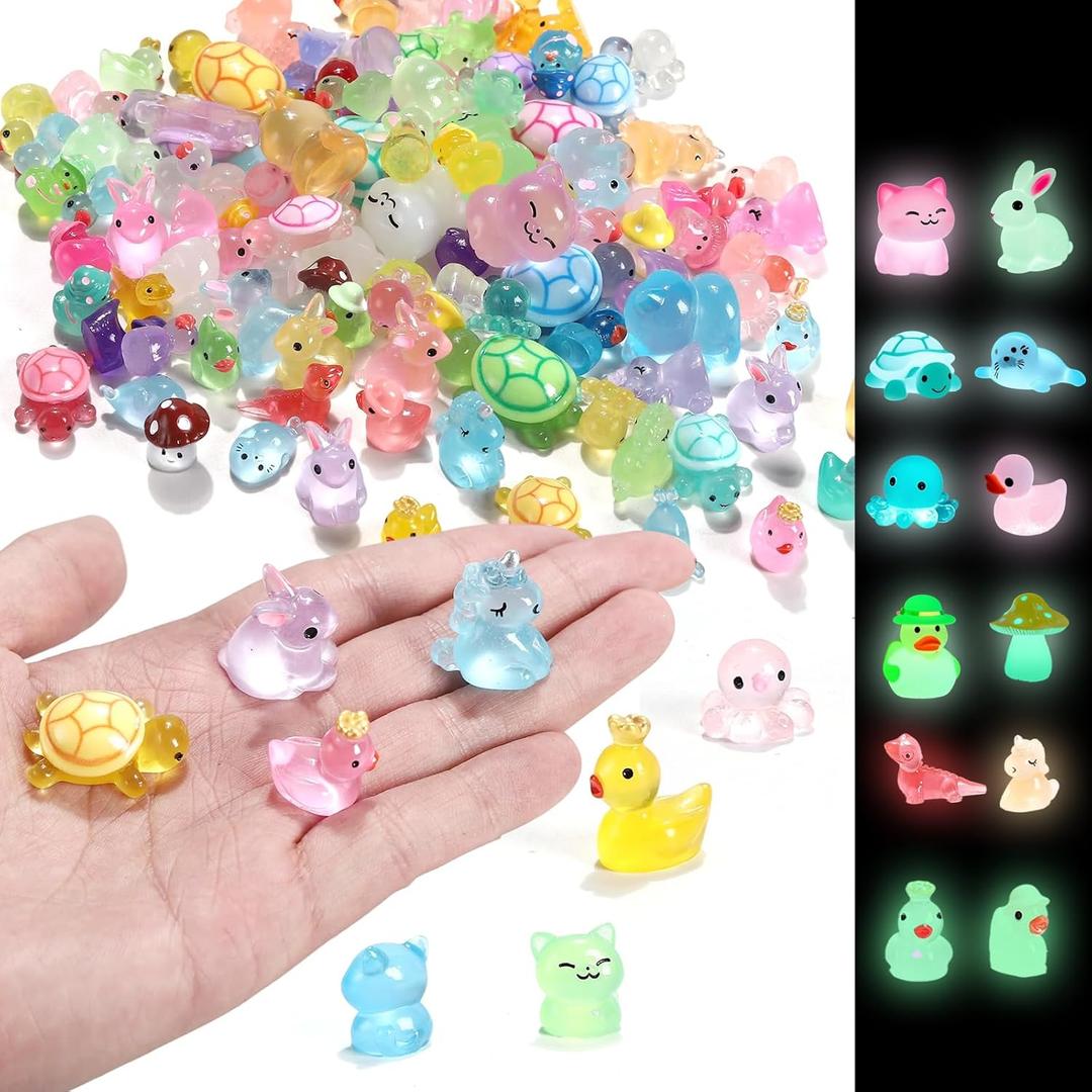 100PCs Mini Resin Animals, Mini Ducks Unicorns Rabbits Dolphin Frog Dinosaur Cat Luminous Animals Glow in The Dark to Hide Around The Office Home for DIY Garden Dollhouse Combination