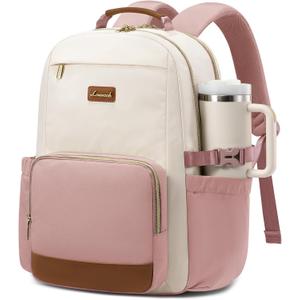 LOVEVOOK Laptop Backpack for Women with Pouch Pocket for Large Capacity Cup,17 Inch Teacher Nurse College Work Backpack Purse,Waterproof Laptop Bag Computer Back Pack for Travel, Beige-Pink-Brown