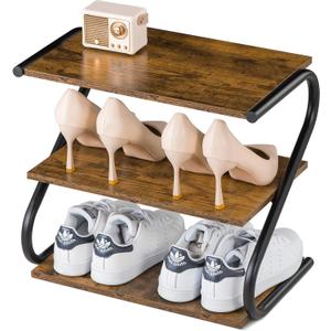 Small Shoe Rack for Entryway Closet, S-Shaped Wooden Shoe Shelf | Narrow Shoe Storage Organizer, 3-Tier, 17” Wide, Rustic Metal Wood Shelves, Shoerack for Front Door Entrance Hallway Bedroom
