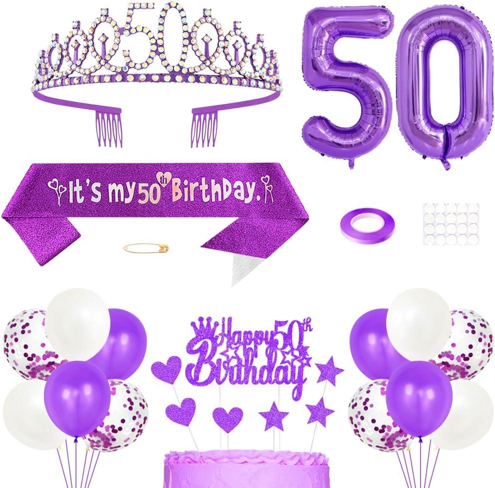 50th Birthday Decorations for Girls, Princess Crown Queen Tiara, It's My 50th Birthday Sash, 50 Year old Cake Topper, Number Balloons Set for Party Supplies, Purple
