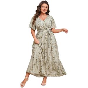 ShopWonder Womens Plus Size V Neck Wrap Maxi Dress High Waist Ruffle Summer Casual Dress with Belt Green Yellow 2025 2XL