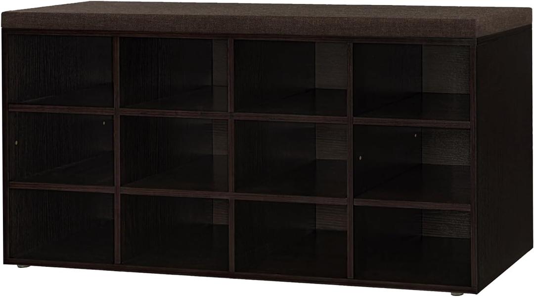 DINZI LVJ Shoe Storage Bench with Cushion, Cubby Shoe Rack with 12 Cubbies, Adjustable Shelves, Multifunctional Shoe Organizer Bench for Entryway, Mudroom, Hallway, Closet and Garage, Espresso