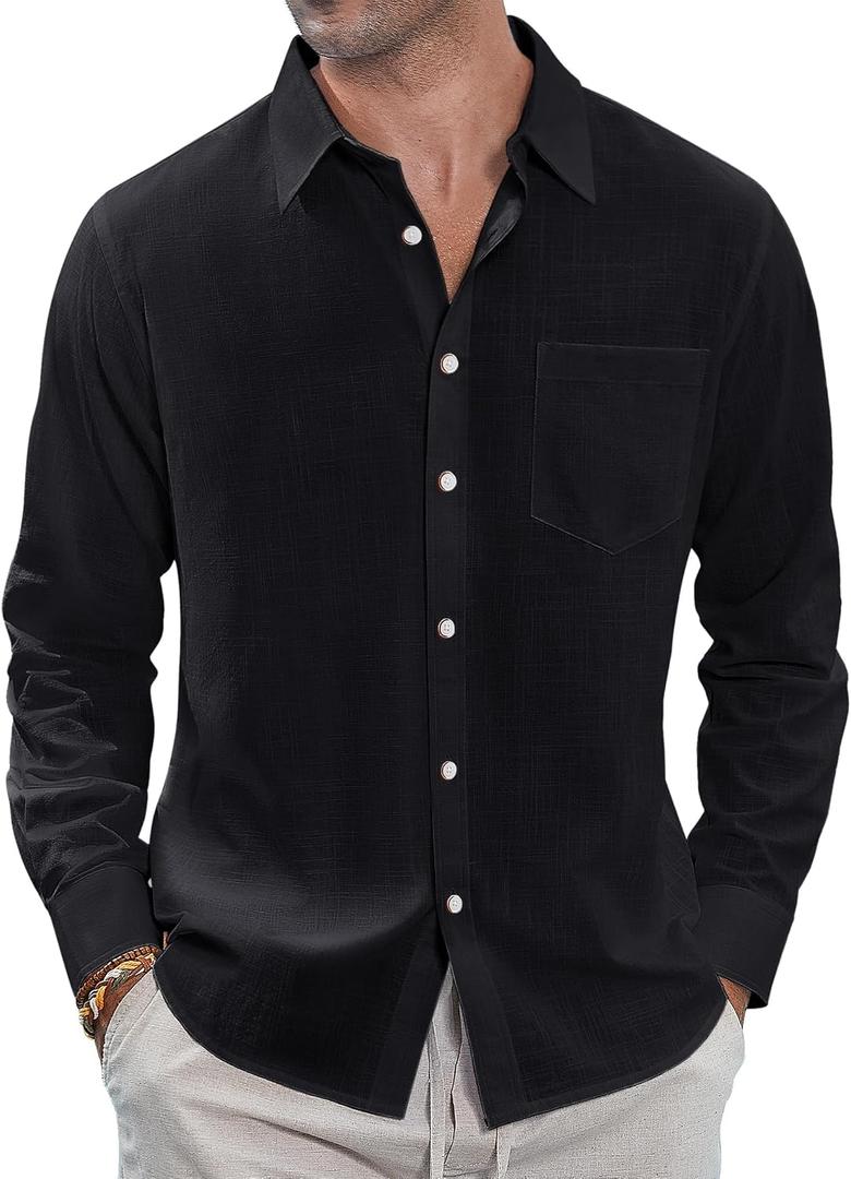 J.VER Men's Lightweight Linen Long Sleeve Shirt Casual Button Down Shirts Loose Fit Vacation Shirt with Pocket Black Large