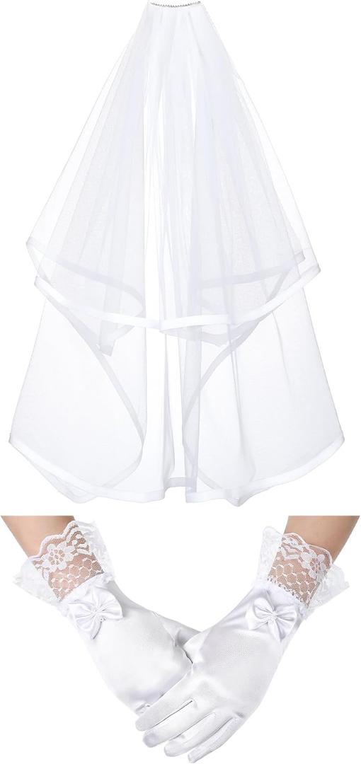 Geyoga 2 Pcs First Holy Communion Veil and Gloves Set 1st Holy Communion Accessories for Wedding Party Costume