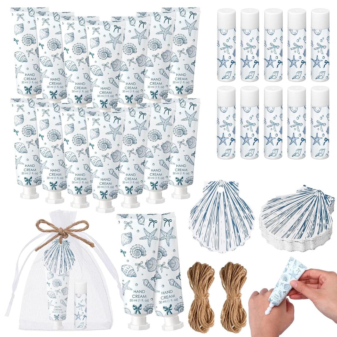 24 Sets Bow Seashells Themed Hand Cream and Lip Balm Gift Seashells and Wedding Bells Favors Bridal Shower Party Favors for Guest Travel Size Bulk Ocean Coastal Summer Baby Shower Party Supplies