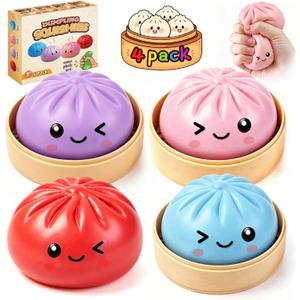 Dumpling Squishy 4 Pack, Dumpling Squishies Fidget Sensory Toys, Colorful Dumplings Stress Balls for Anxiety Relief, Bao Bun Squishy for Kids Adults Presents