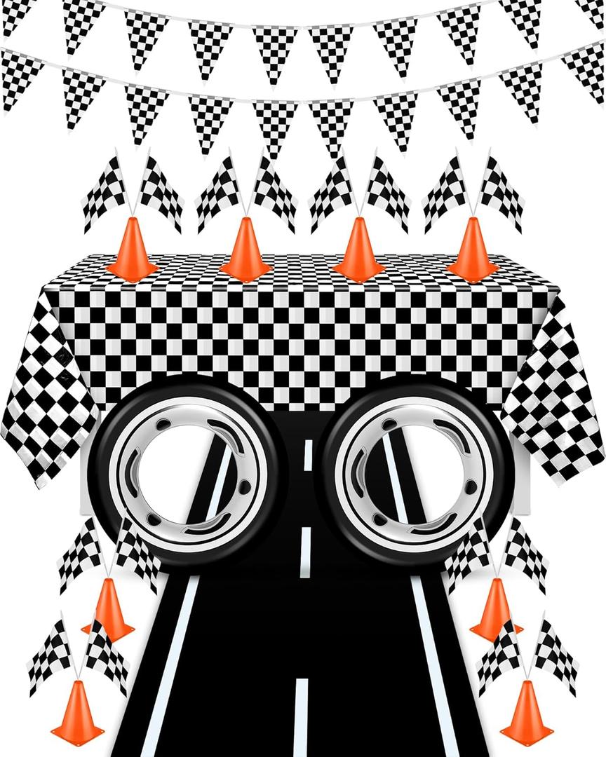 Race Car Party Birthday Supplies, 2x16ft Racetrack Floor Running Mat, Racetrack Tablecloth, Checkered Pennant Banner, 12 Checkered Flags with Sticks, 8 Mini Orange Traffic Cones for Racing Party Decor