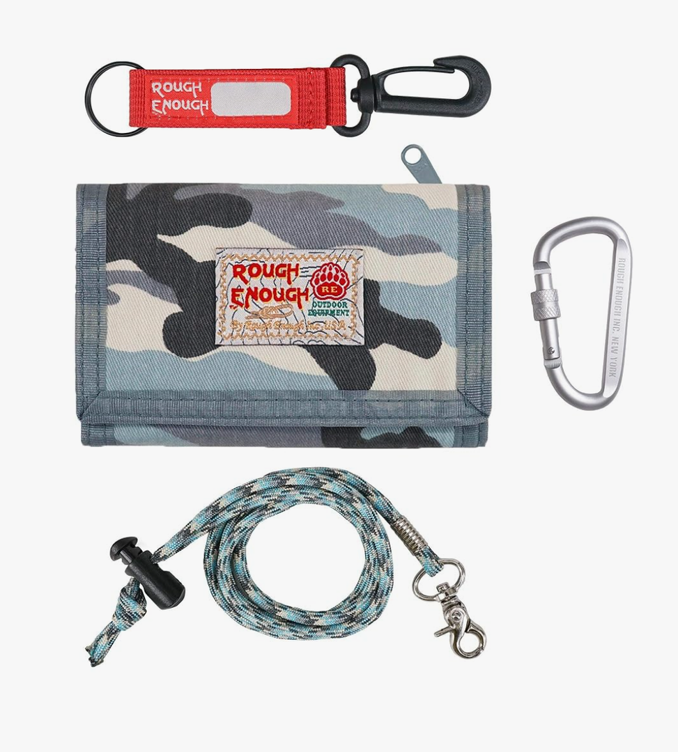 Rough Enough Kids Wallet for Boys Teen with Neck Lanyard Keychain Blue Camo Canvas