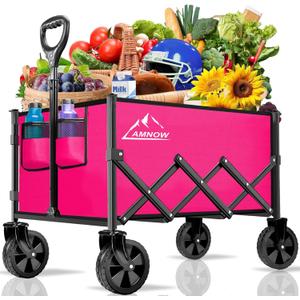AMNOW Collapsible Folding Wagon Cart, 350LBS Utility Large Capacity Cart Foldable Wagon with All Terrain Wheels, Grocery Wagons Carts for Garden Shopping Sports Camping, Rose