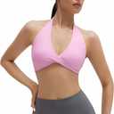 SUUKSESS Women Workout Padded Halter Sports Bras Yoga Twist Deep V Crop Tank Tops (Pink, L)