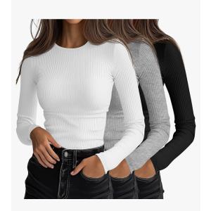 Ficerd 3 Pack Women's Ribbed Long Sleeve Tops, Crew Neck Slim Fit Undershirts Knit Basic Casual Stretch Layering Tee Shirts, XL