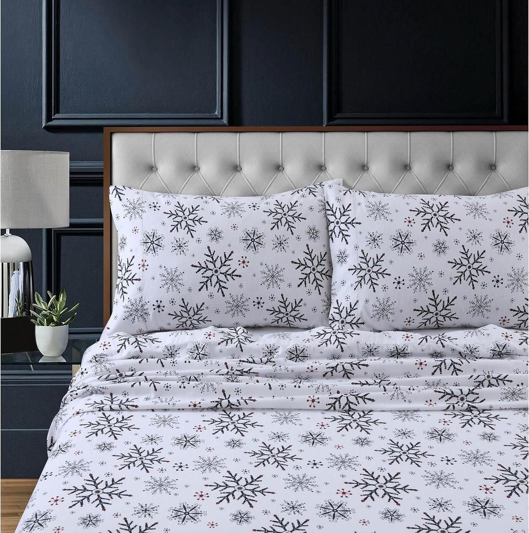 Tribeca Living Flannel Sheets Cal King Size - 100% Cotton Flannel Sheet Set, 200 GSM Deep Pocket Cal King Flannel Sheets, 4 Piece Ultra Soft Brushed Cotton Flannel Sheet in Let it Snow Print