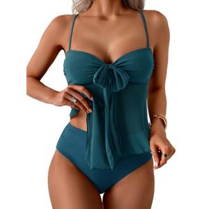 B2prity Tankini Swimsuits for Women, Tummy Control Flowy Mesh Tops, High Waisted Bottoms, Coquette 2 Piece Bathing Suits Peacock Green L